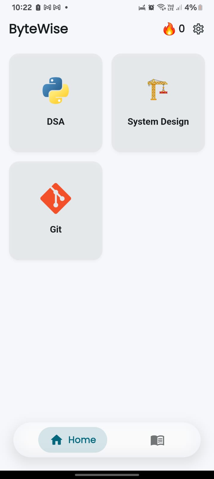 ByteWise Android app home screen showing DSA, System Design, Git, and the bottom navigation.